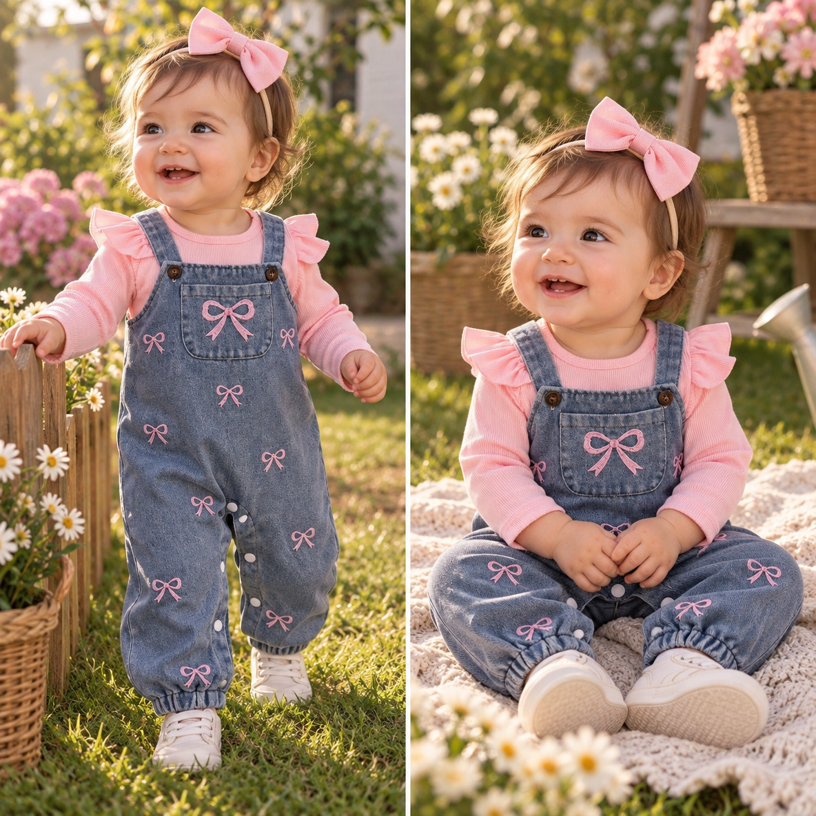 Bow Belle Denim Overall, Top & Headband Set