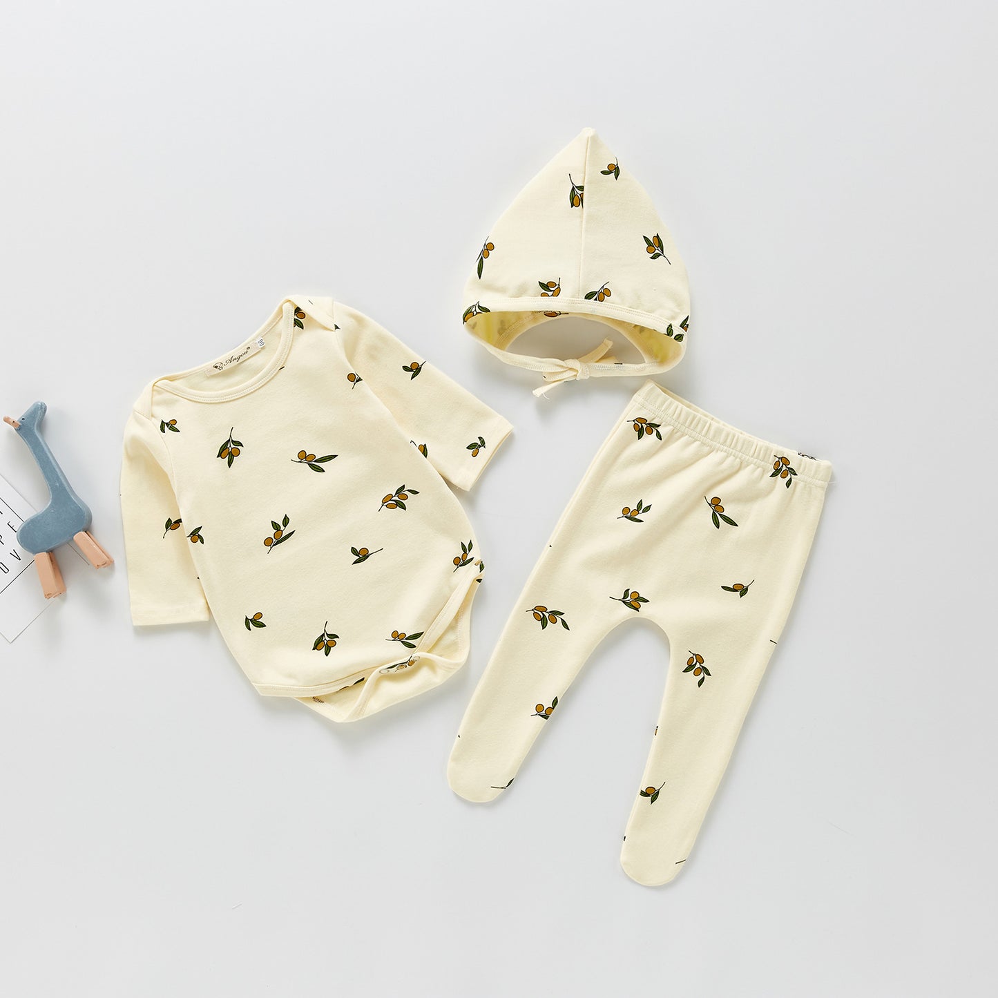 JUST FRUITS OR FLOWERS Three-piece Cotton Romper, Pants and Hat Set