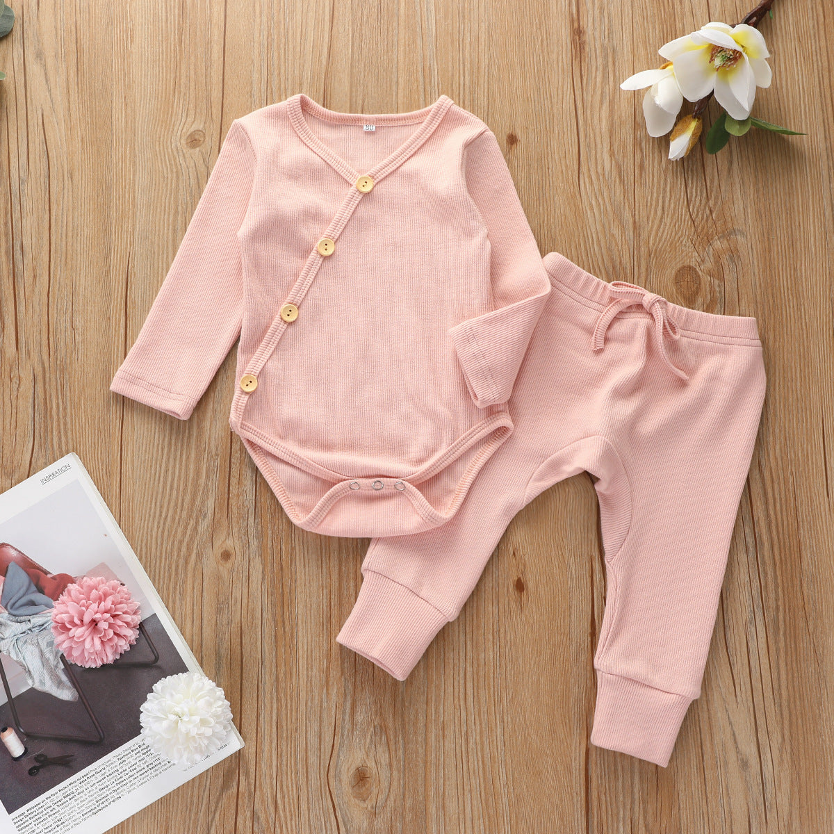 Ribbed Cotton Romper and Pants Set