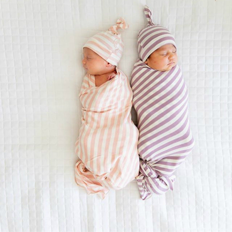 Newborn Striped Cotton Swaddle and Cap