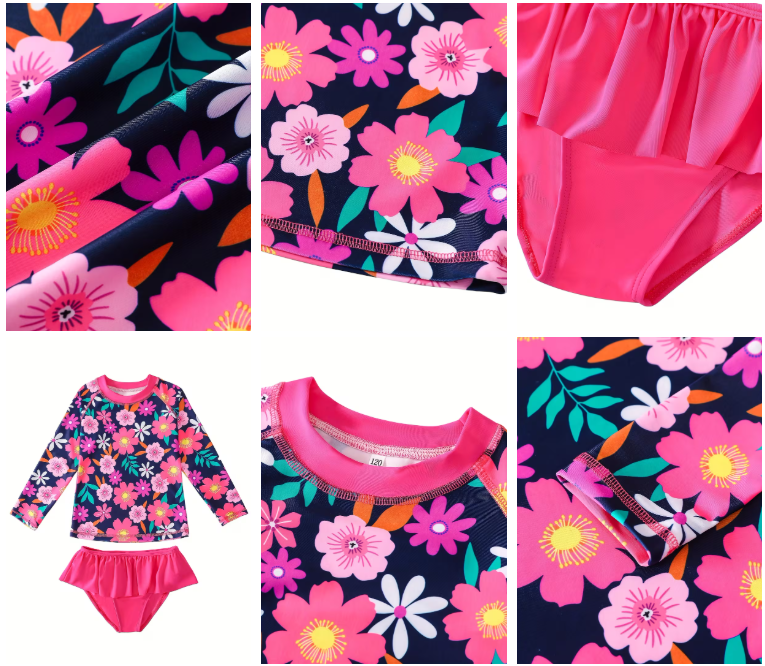 Blossom Splash Long Sleeve Two-Piece Swimsuit with Ruffle Bikini Bottoms