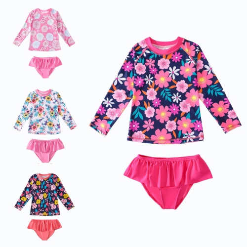 Blossom Splash Long Sleeve Two-Piece Swimsuit with Ruffle Bikini Bottoms
