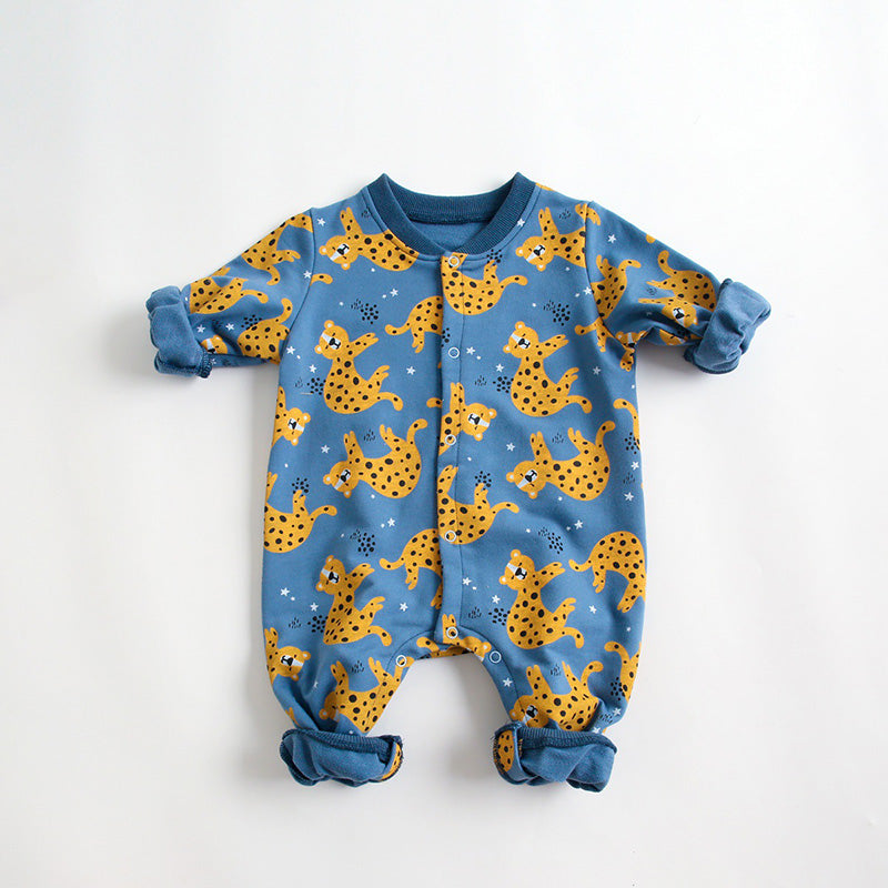 BRIGHT EARTHY BABY Blue Tigers Cotton Long-Sleeve Romper