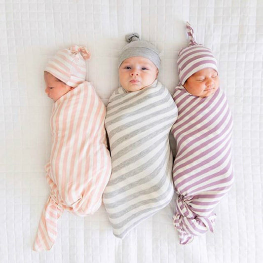 Newborn Striped Cotton Swaddle and Cap