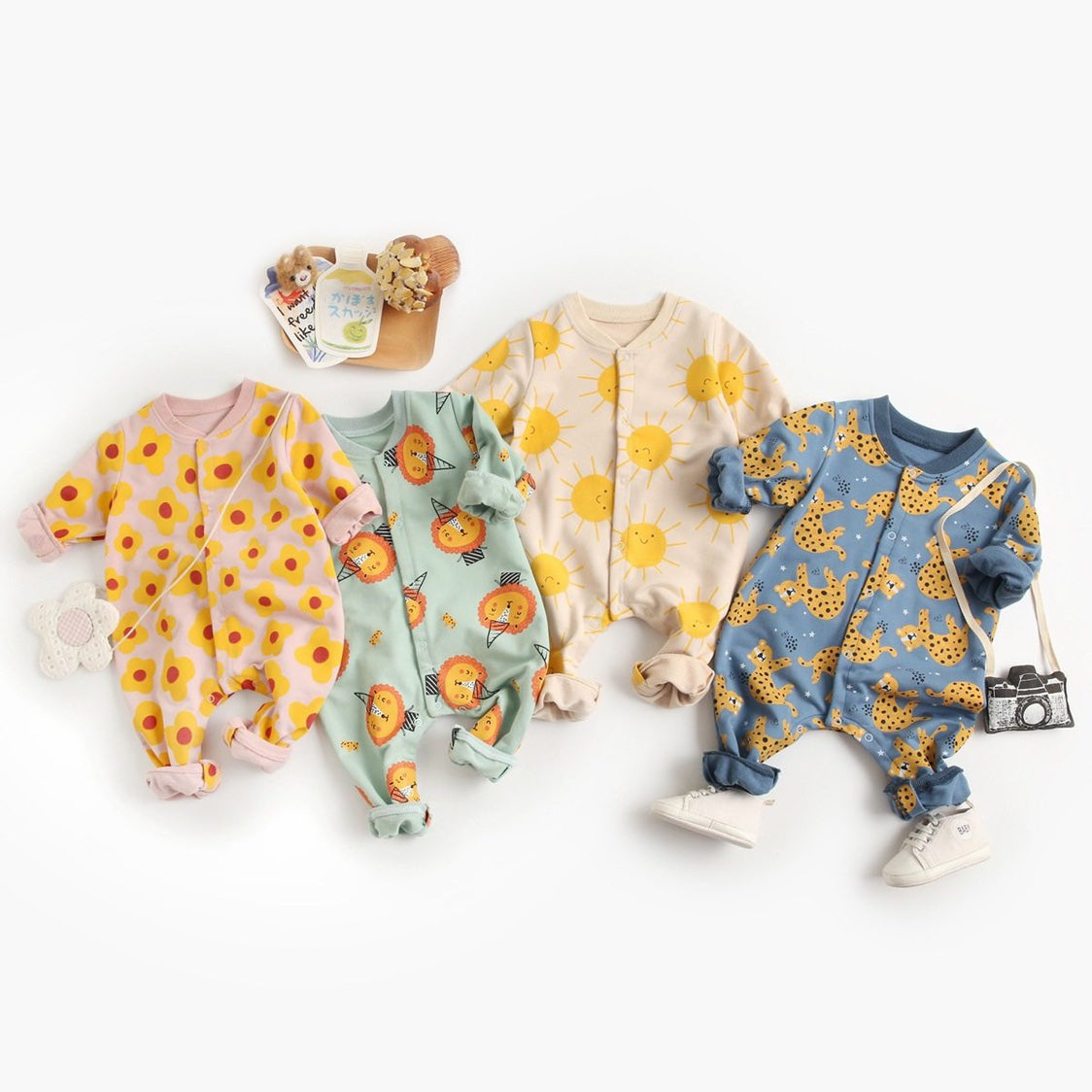 BRIGHT EARTHY BABY Green Lions Cotton Long-Sleeve Romper