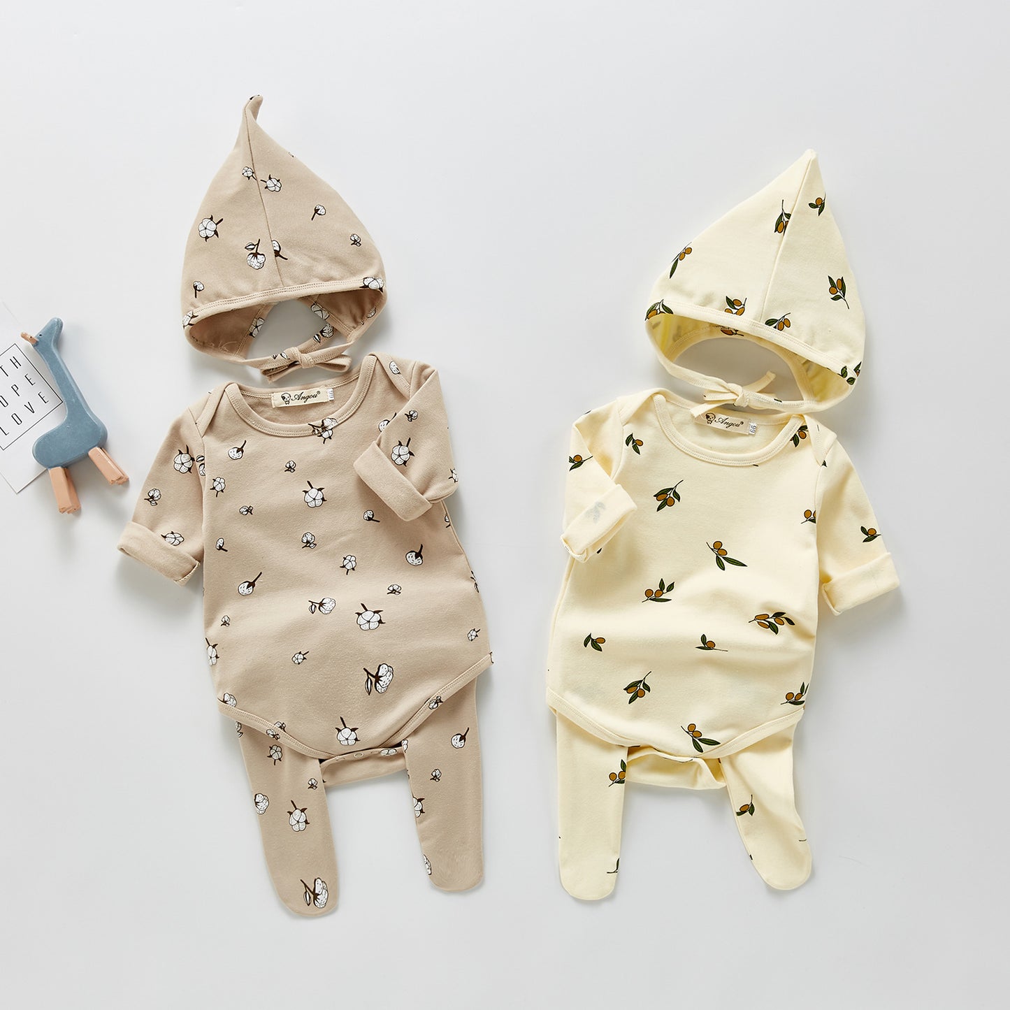 JUST FRUITS OR FLOWERS Three-piece Cotton Romper, Pants and Hat Set