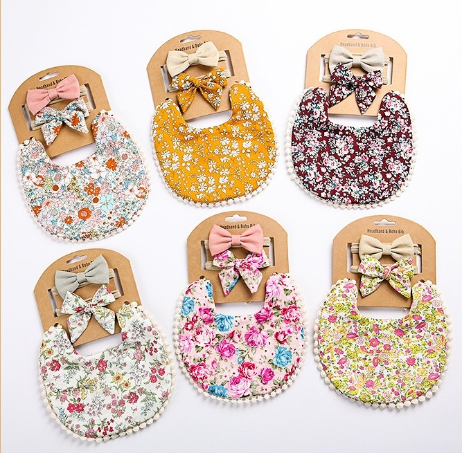 Cute Cotton Floral Baby Bib and Bow set