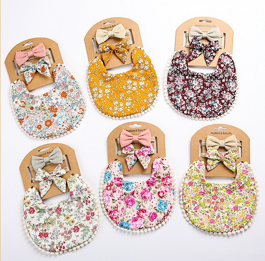 Cute Cotton Floral Baby Bib and Bow set