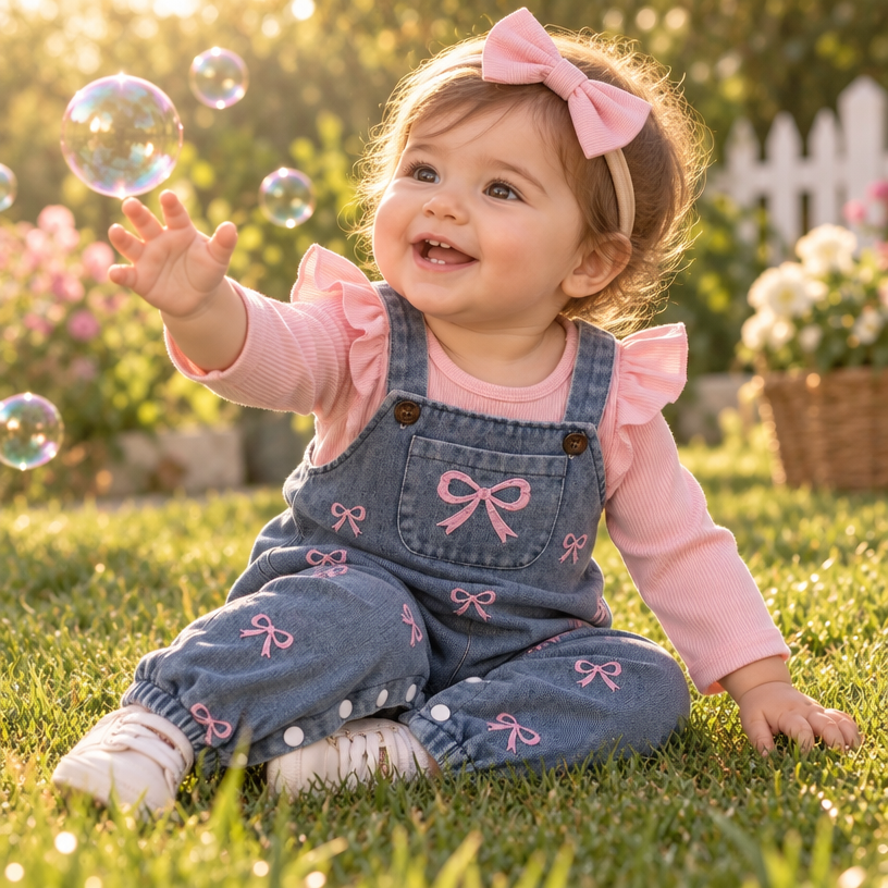 Bow Belle Denim Overall, Top & Headband Set