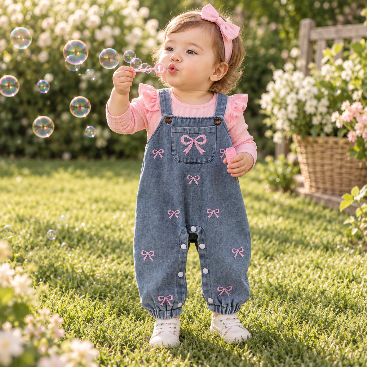Bow Belle Denim Overall, Top & Headband Set