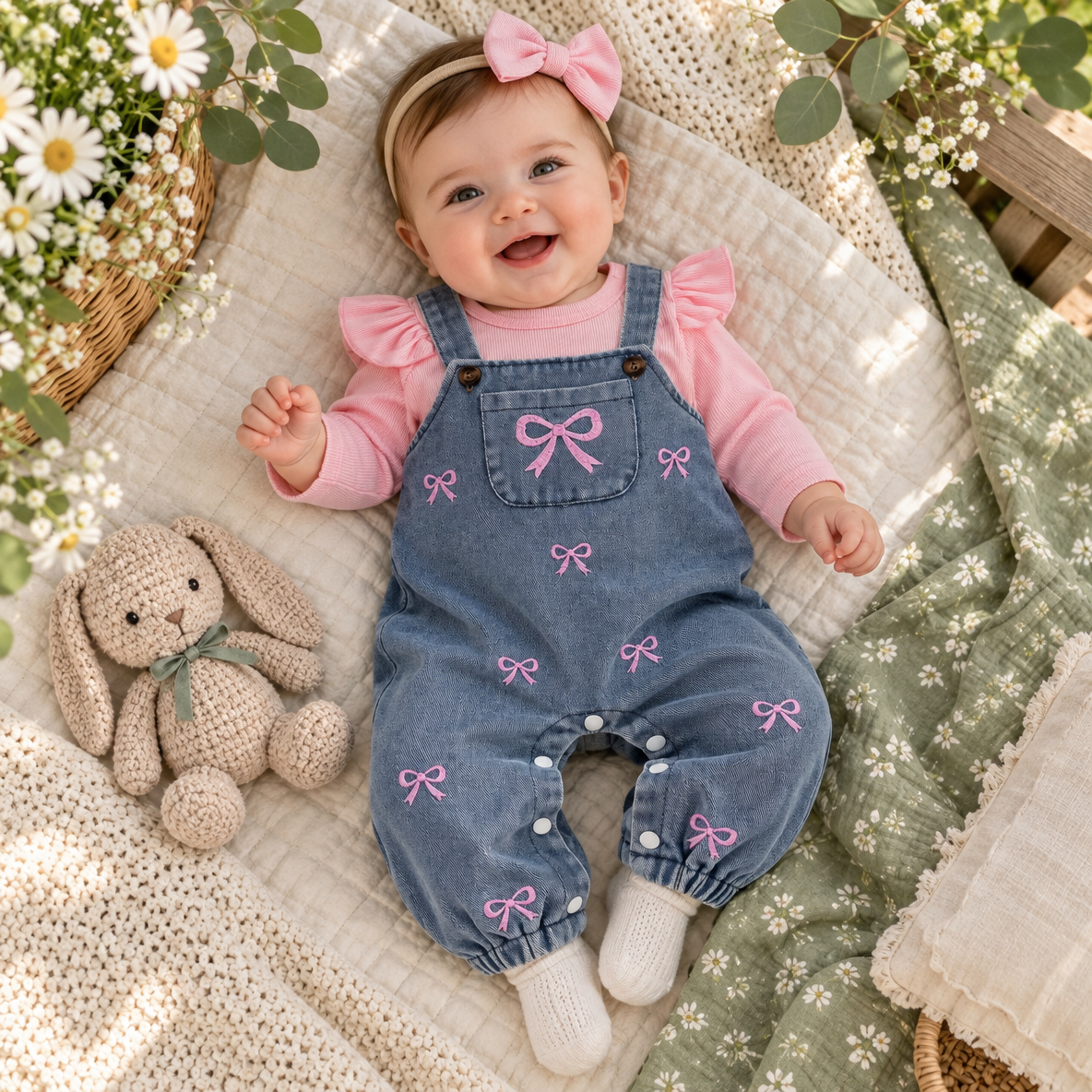 Bow Belle Denim Overall, Top & Headband Set
