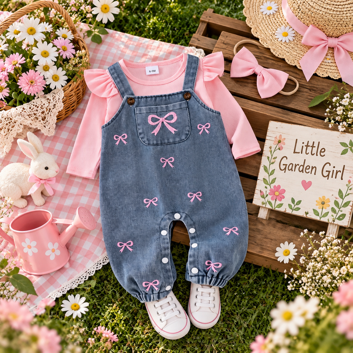 Bow Belle Denim Overall, Top & Headband Set
