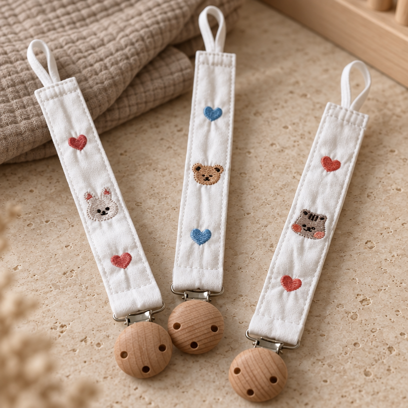 Little Friends Embroidered Cotton & Wood Pacifier Clip