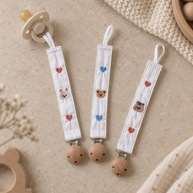 Little Friends Embroidered Cotton & Wood Pacifier Clip