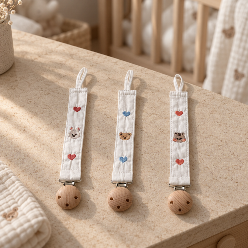 Little Friends Embroidered Cotton & Wood Pacifier Clip