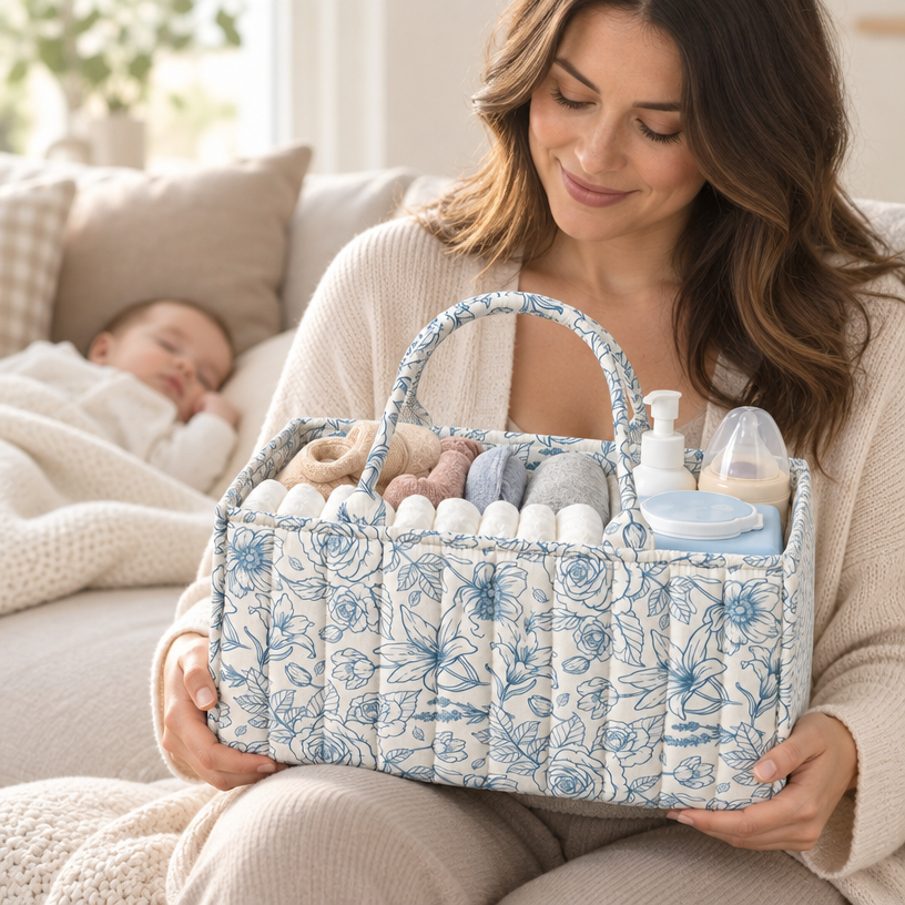 Easy Carry Essentials" Handheld Storage Bag — Floral Blue