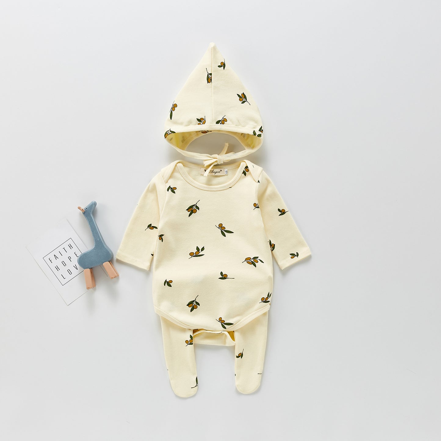 JUST FRUITS OR FLOWERS Three-piece Cotton Romper, Pants and Hat Set