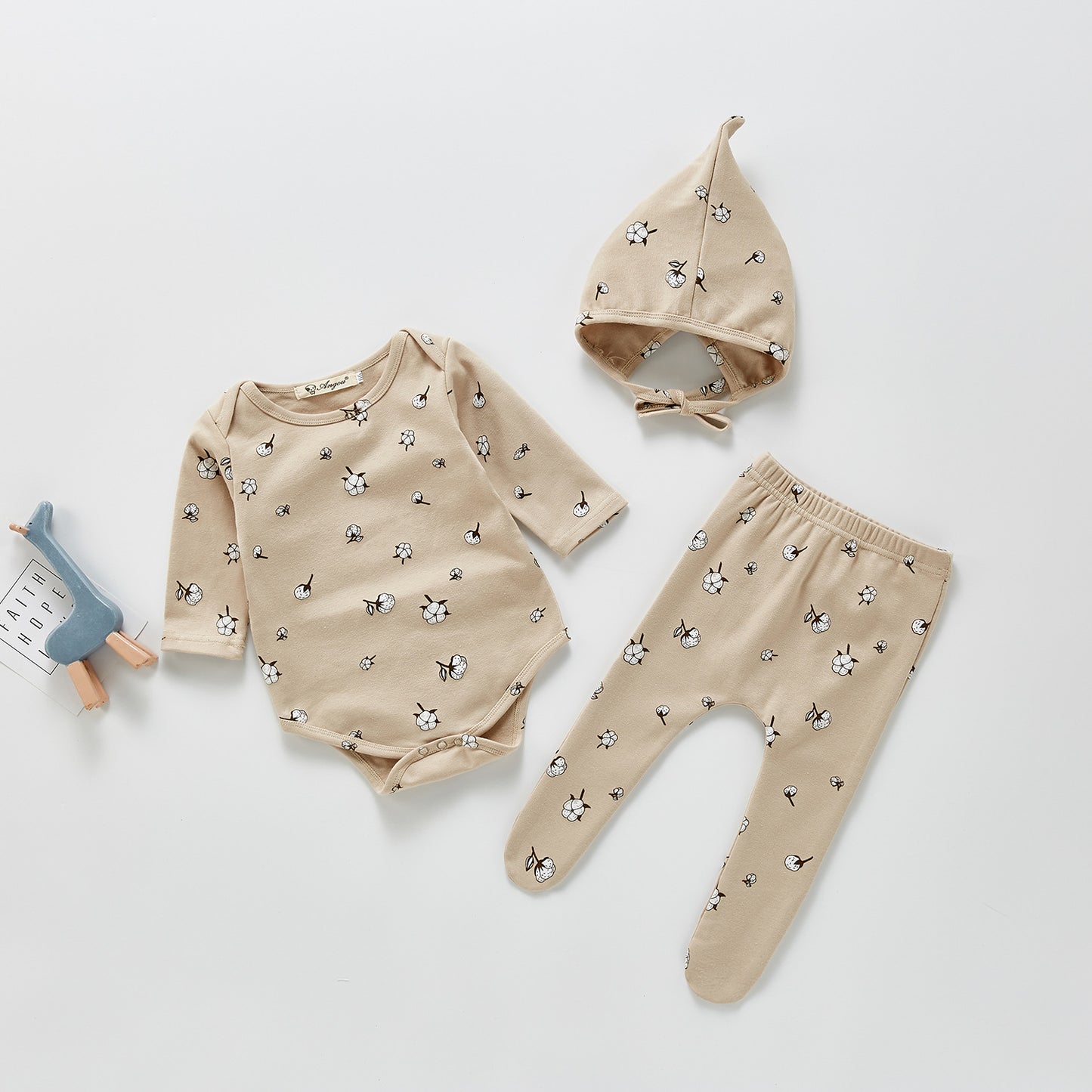 JUST FRUITS OR FLOWERS Three-piece Cotton Romper, Pants and Hat Set